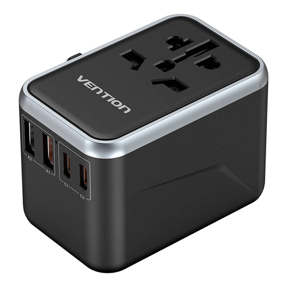 Ein schwarzer VENTION-Adapter mit mehreren USB-Anschlüssen und universellen Steckdosen.