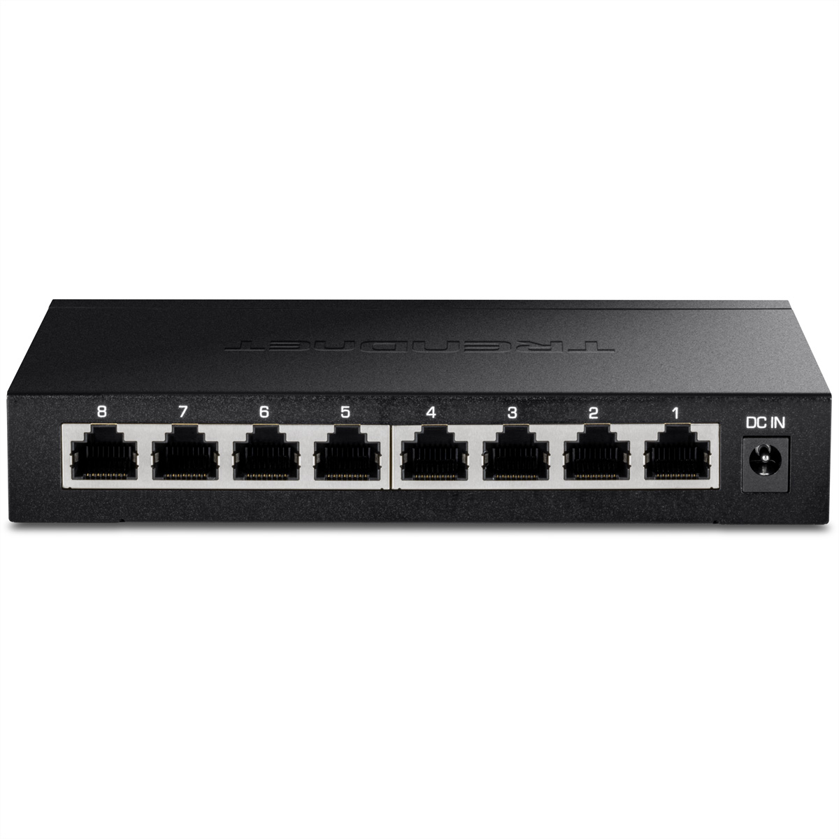 Switch réseau noir avec huit ports Ethernet et une entrée d'alimentation CC.