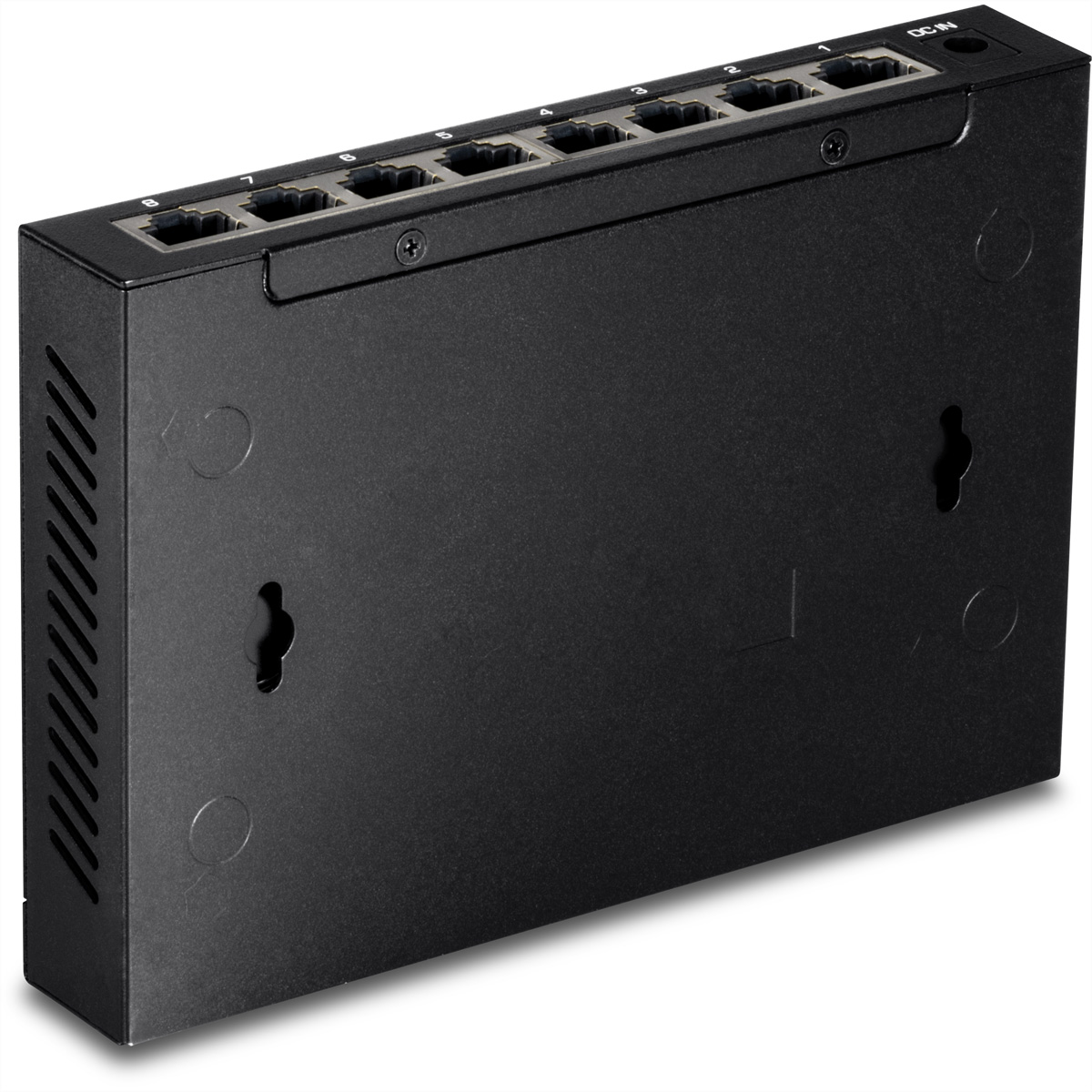 Commutateur réseau noir avec 8 ports. Côté avec ventilation. Fond blanc.