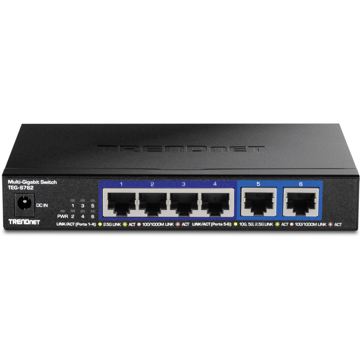 Commutateur multi-gigabit noir avec six ports et voyants. La marque est TRENDnet.