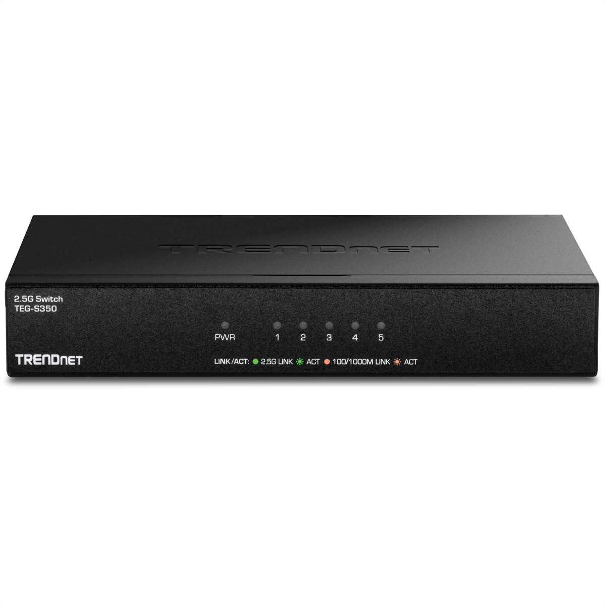 Un commutateur TRENDnet 2.5G noir avec des indicateurs sur le panneau avant.