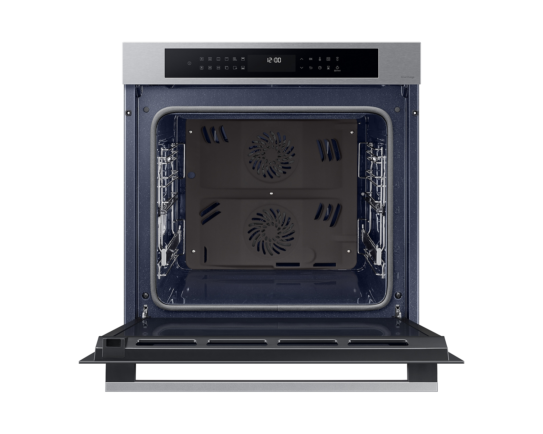Un interno forno aperto con interno blu e display digitale in alto.