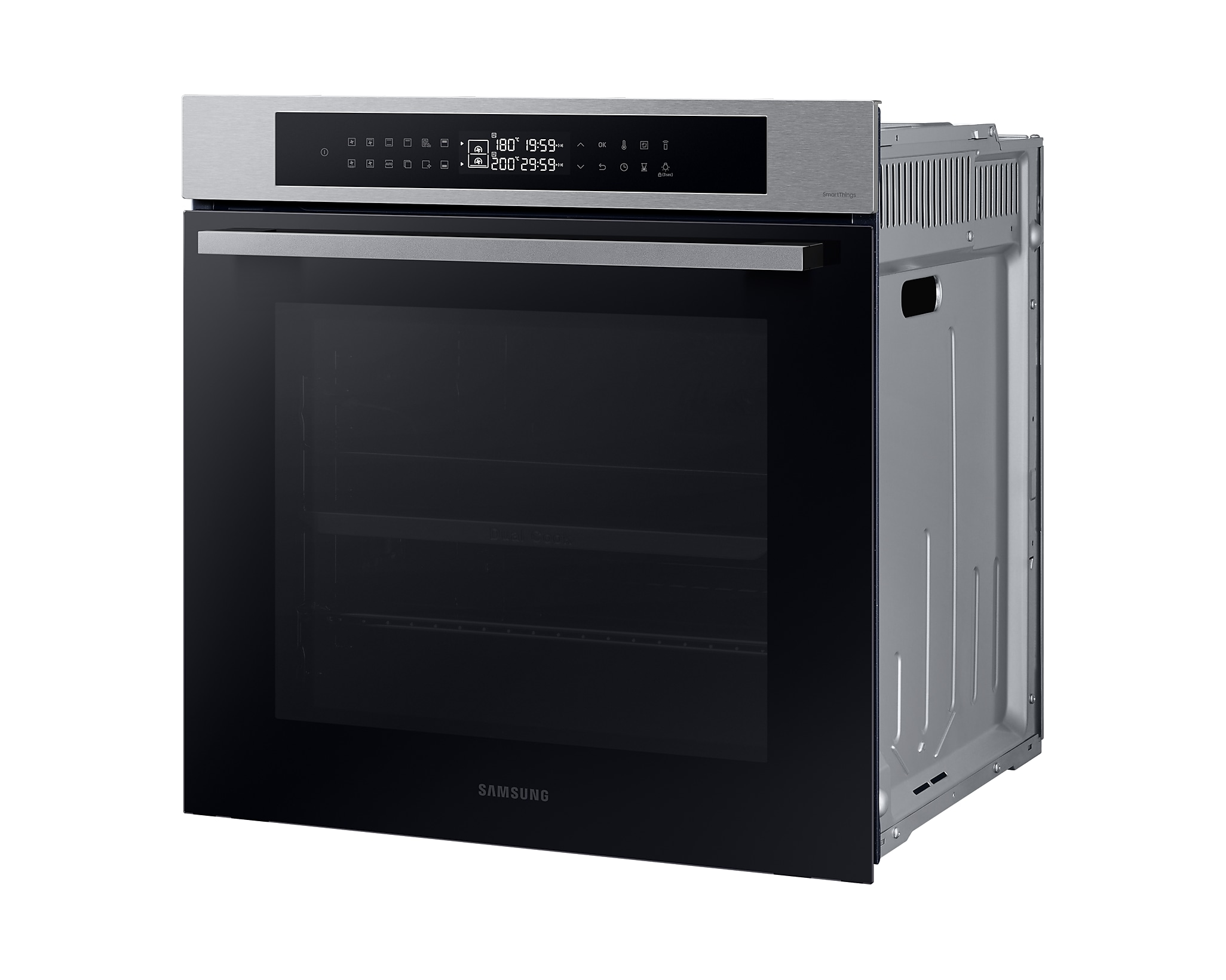 Forno in acciaio inossidabile con porta nera. Il display digitale è in alto.
