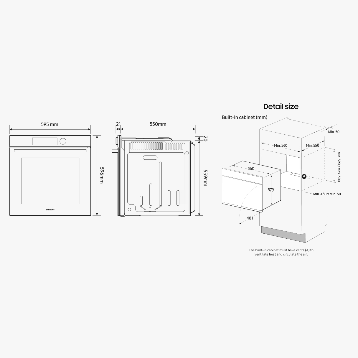 Diagramma che mostra le dimensioni e le specifiche di un forno a incasso. Include misure e dettagli di installazione.