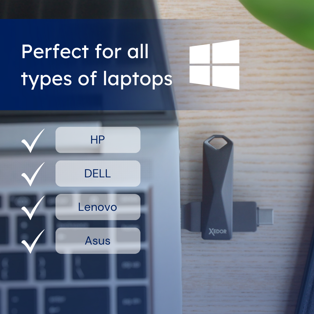 Laptop z podłączonym dyskiem USB, ze znacznikami wyboru i logo.