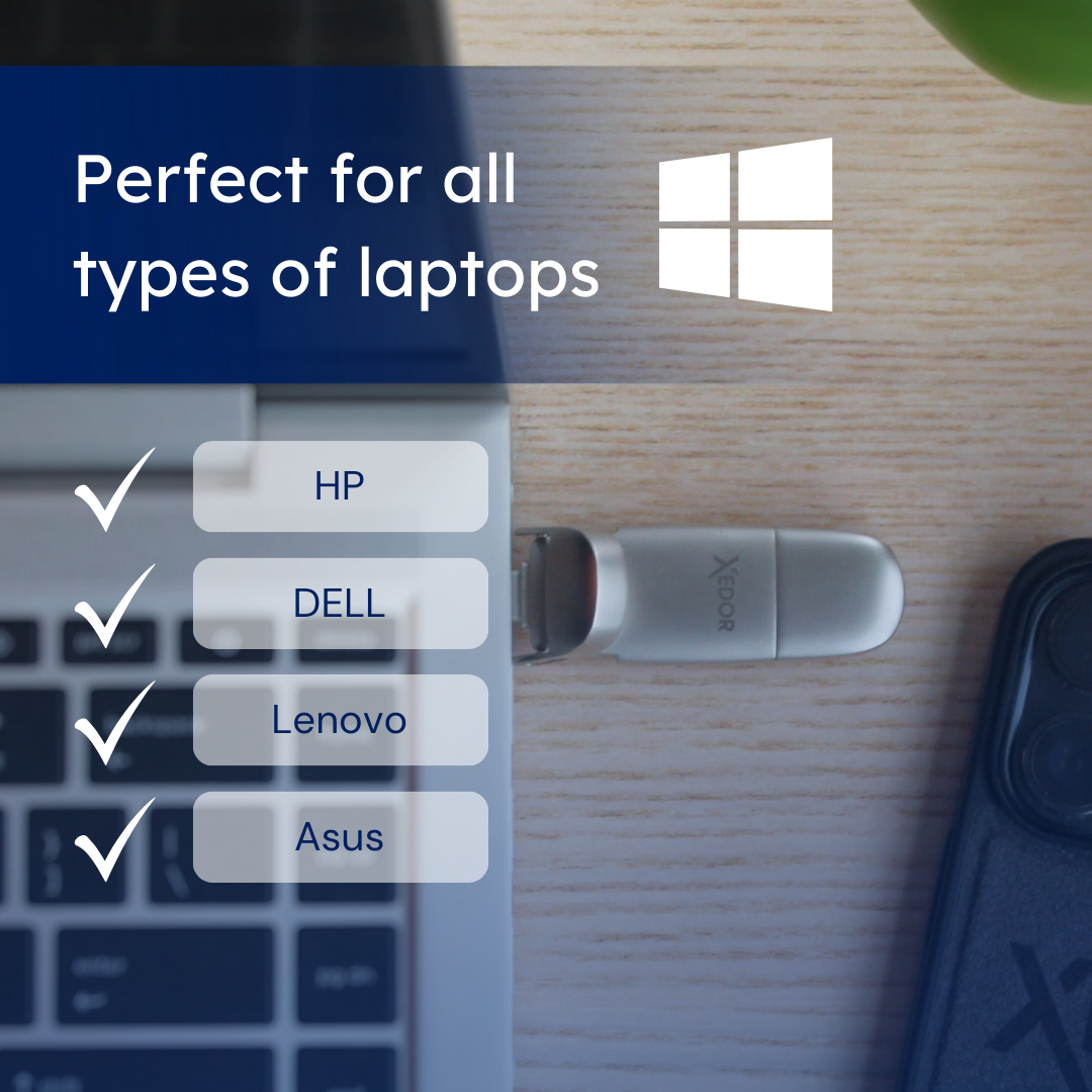Srebrny pendrive jest włożony do laptopa. Laptop ma zaznaczone HP, Dell, Lenovo i Asus.