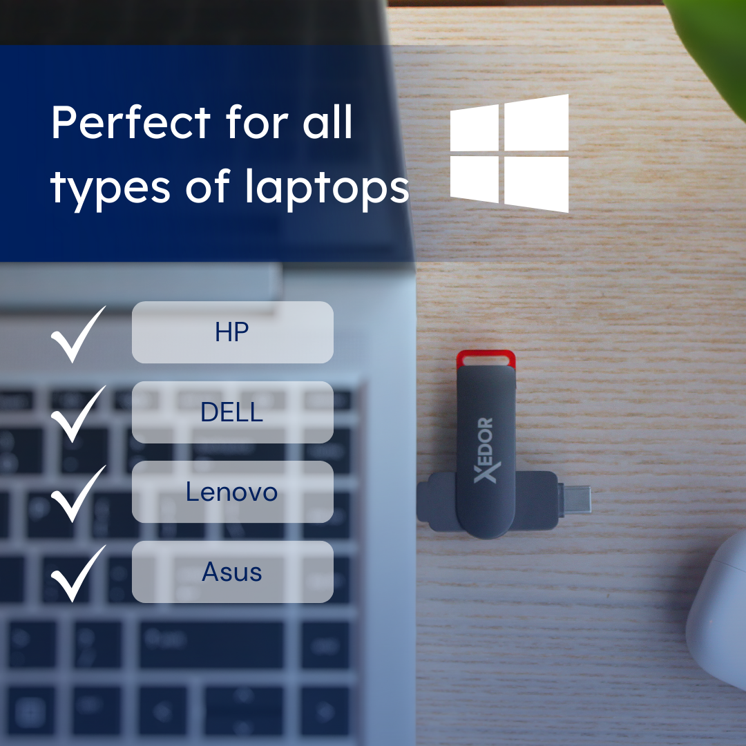 Een USB-stick naast een laptoptoetsenbord met vinkjes naast HP, Dell, Lenovo en Asus.