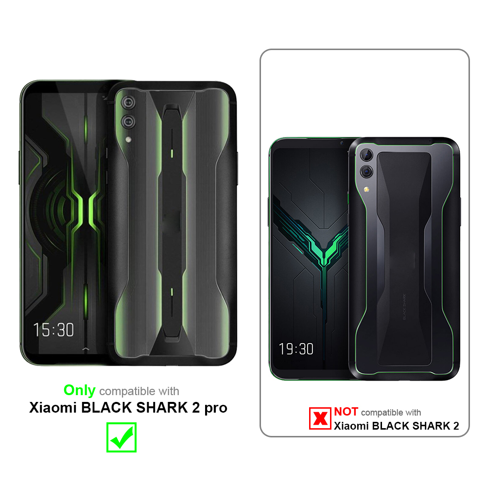 Zwei schwarze Smartphones werden gezeigt, eines ist kompatibel mit BLACK SHARK 2 pro, das andere nicht.