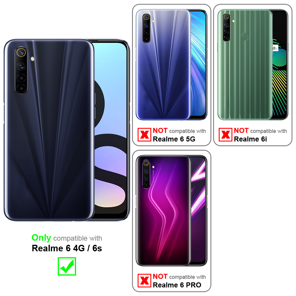 Tre telefoni con custodie. Uno compatibile con Realme 6 4G/6s. Altri non compatibili con Realme 6 5G/6i/6 PRO.