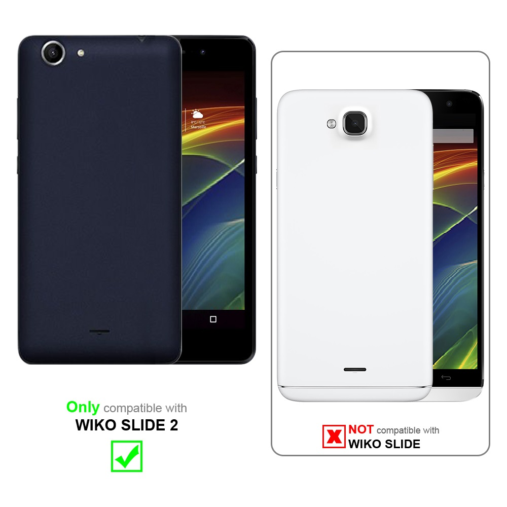 Deux téléphones avec étuis côte à côte, un bleu marine, un blanc, avec du texte sur la compatibilité.