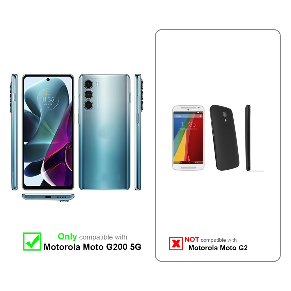 Zwei Smartphones, eines blau und eines weiß, mit Kompatibilitätsinformationen auf dem Bild.