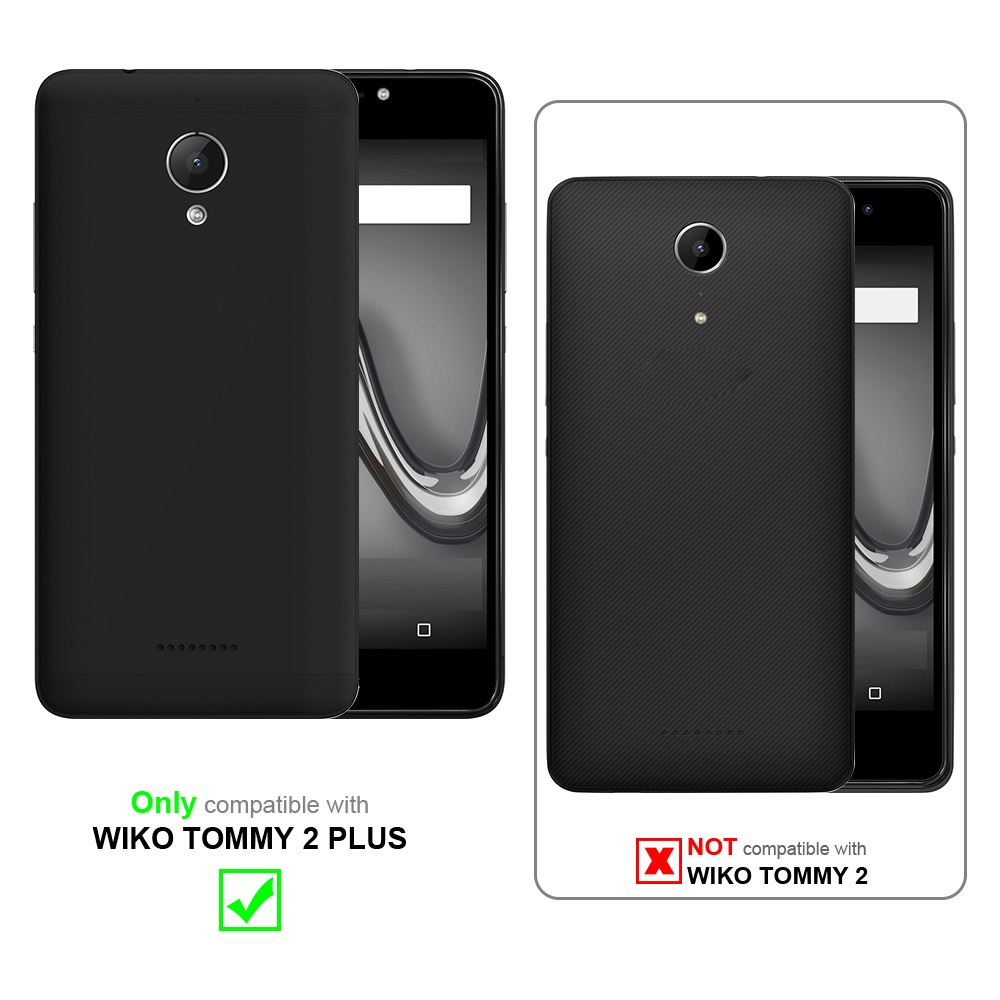 Due telefoni, uno con cover, compatibile con Wiko Tommy 2 PLUS, e un altro non compatibile con Wiko Tommy 2.