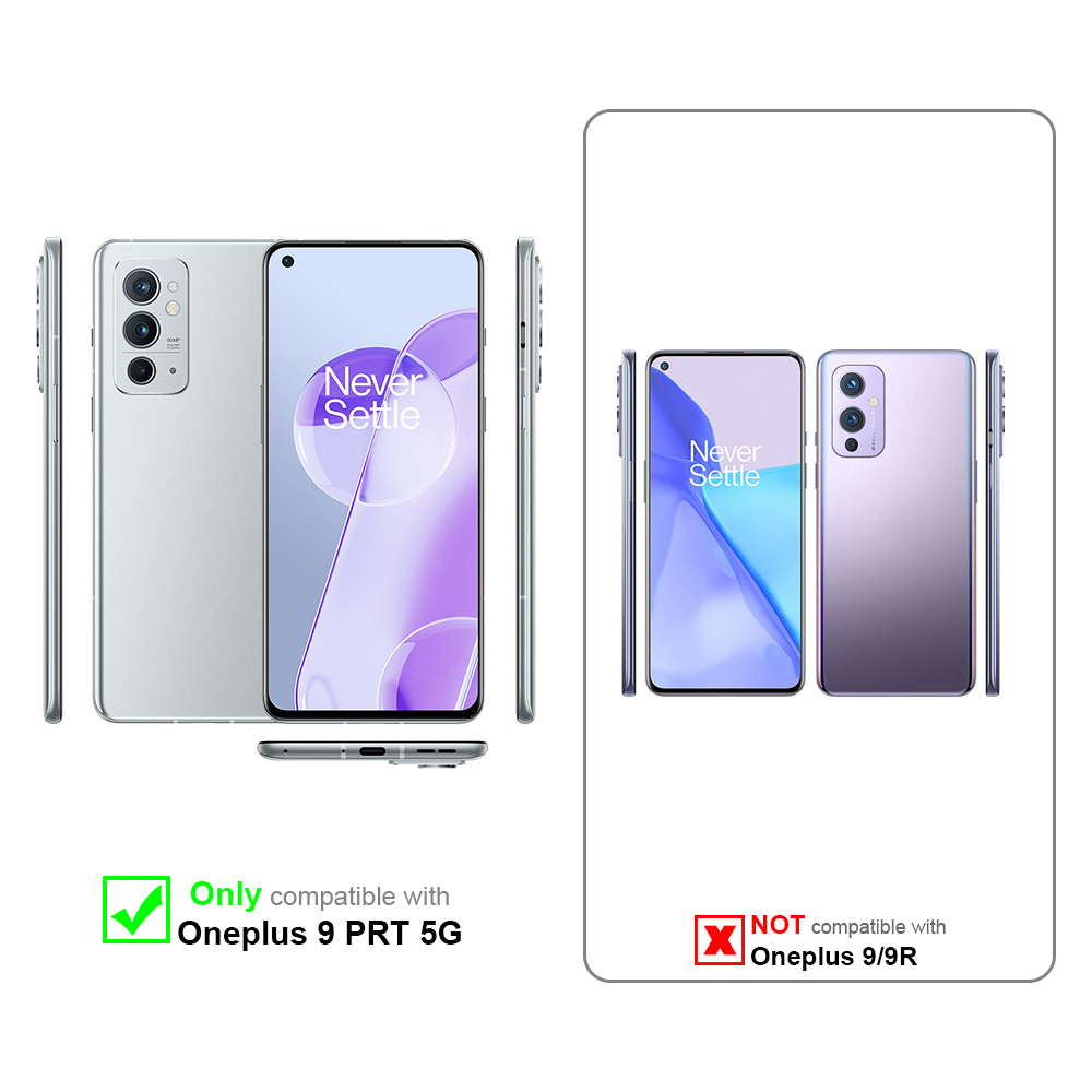 Zwei Telefone: Silber und Lila. Text zeigt Kompatibilität mit OnePlus 9 PRT 5G, nicht OnePlus 9/9R.