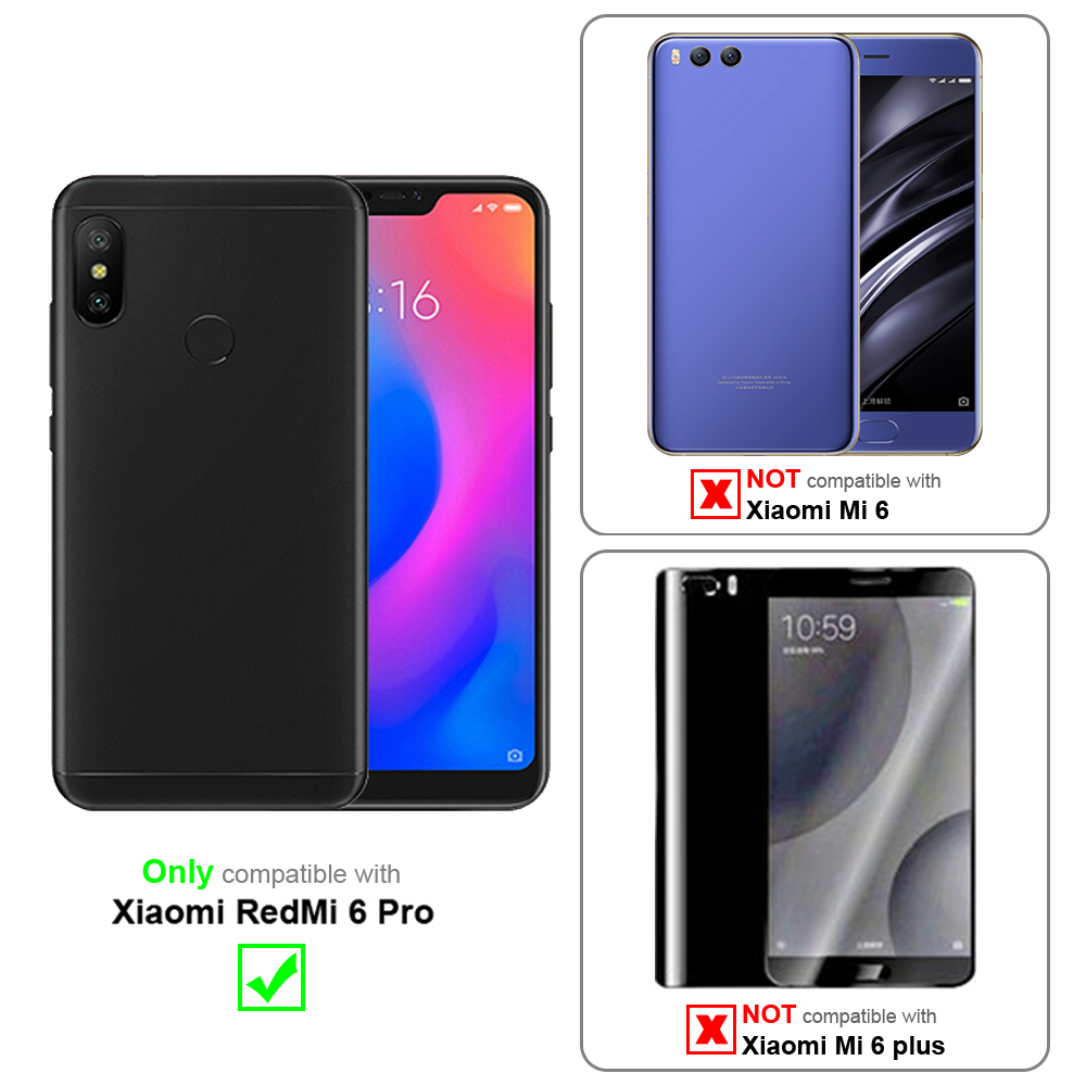 Smartphones. Eines schwarz, eines lila. Diagramme zeigen Kompatibilität mit Redmi 6 Pro und Inkompatibilität mit Mi 6.