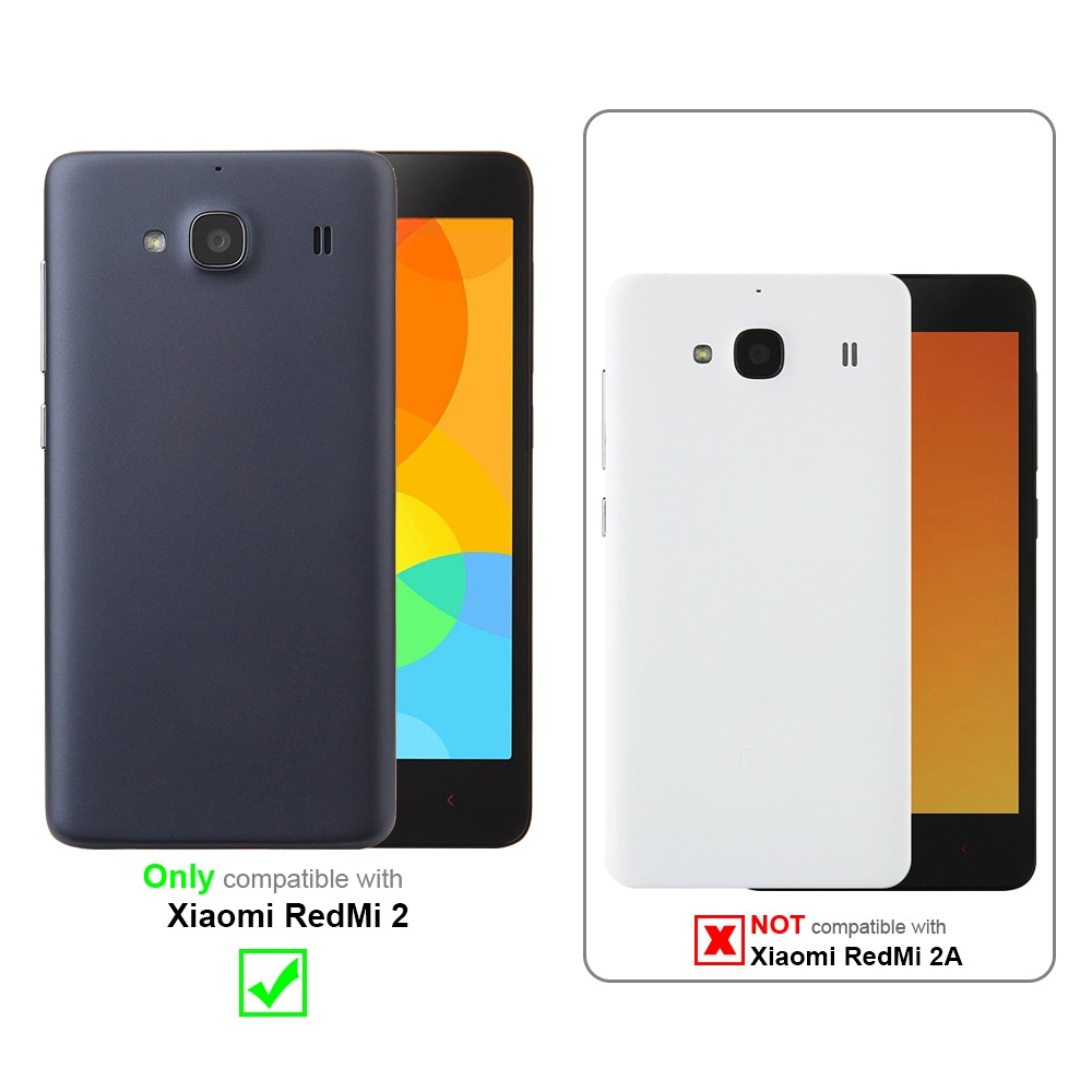 Zwei Smartphones. Eines blau, eines weiß. Text: Kompatibel mit Xiaomi Redmi 2, nicht 2A.