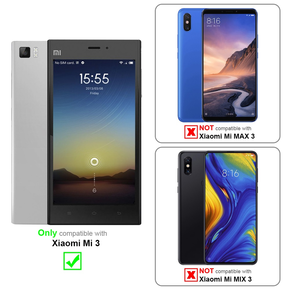 Custodia grigia per telefono accanto ai telefoni. Compatibile solo con Xiaomi Mi 3. Non compatibile con altri modelli.