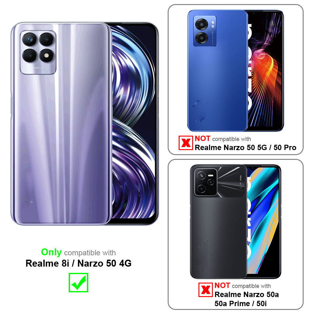L'immagine mostra telefoni: Realme 8i/Narzo 50 4G compatibile, Realme 50 5G/50 Pro & 50a Prime/50i no.
