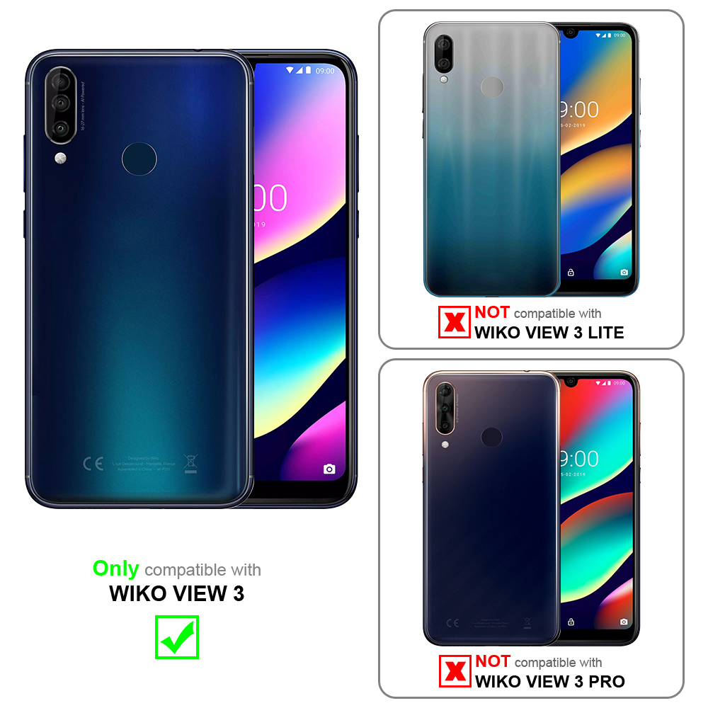 Tre telefoni: uno blu, due neri. Solo uno è compatibile con Wiko View 3.