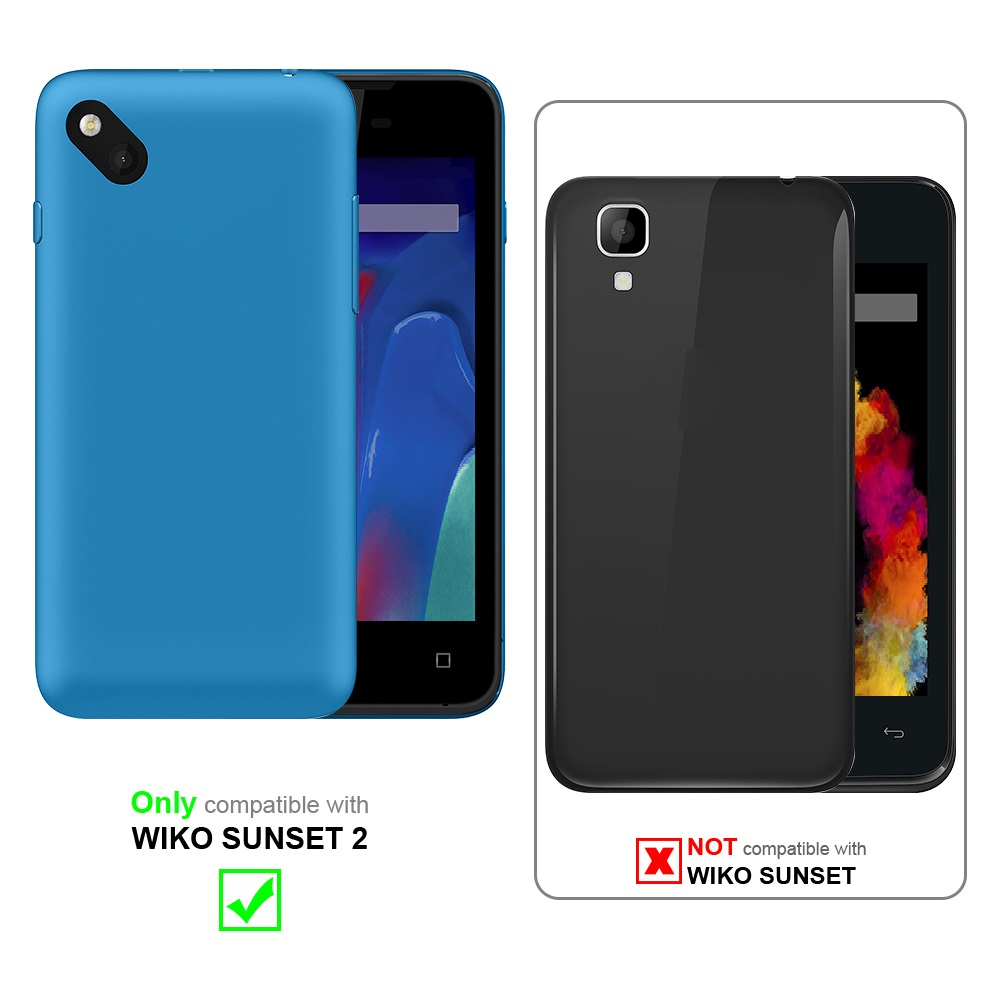 Due telefoni affiancati. Uno blu, compatibile con WIKO SUNSET 2. L'altro nero, non compatibile.