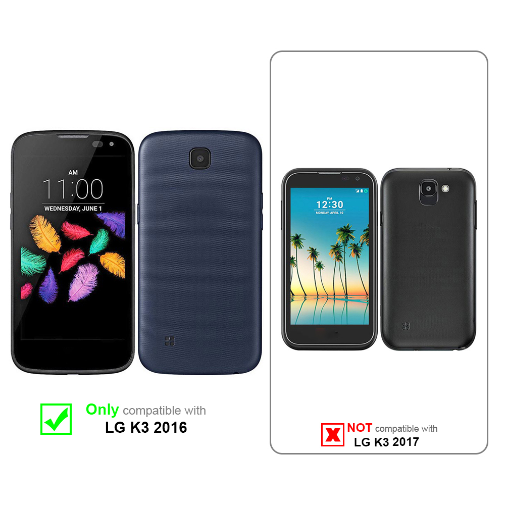 Due telefoni: nero e blu. Il testo indica la compatibilità con LG K3 2016, non LG K3 2017.
