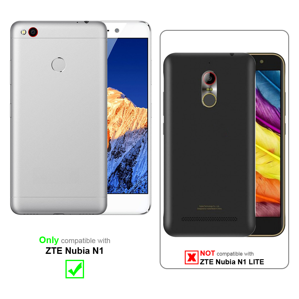 Due telefoni, argento e nero, con dettagli di compatibilità. Spunta verde per ZTE Nubia N1.