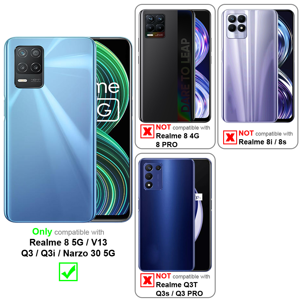 Drei Handys; eines mit Hülle, kompatibel mit Realme 8 5G/V13 Q3i/Narzo 30 5G, und nicht kompatibel mit anderen Modellen.
