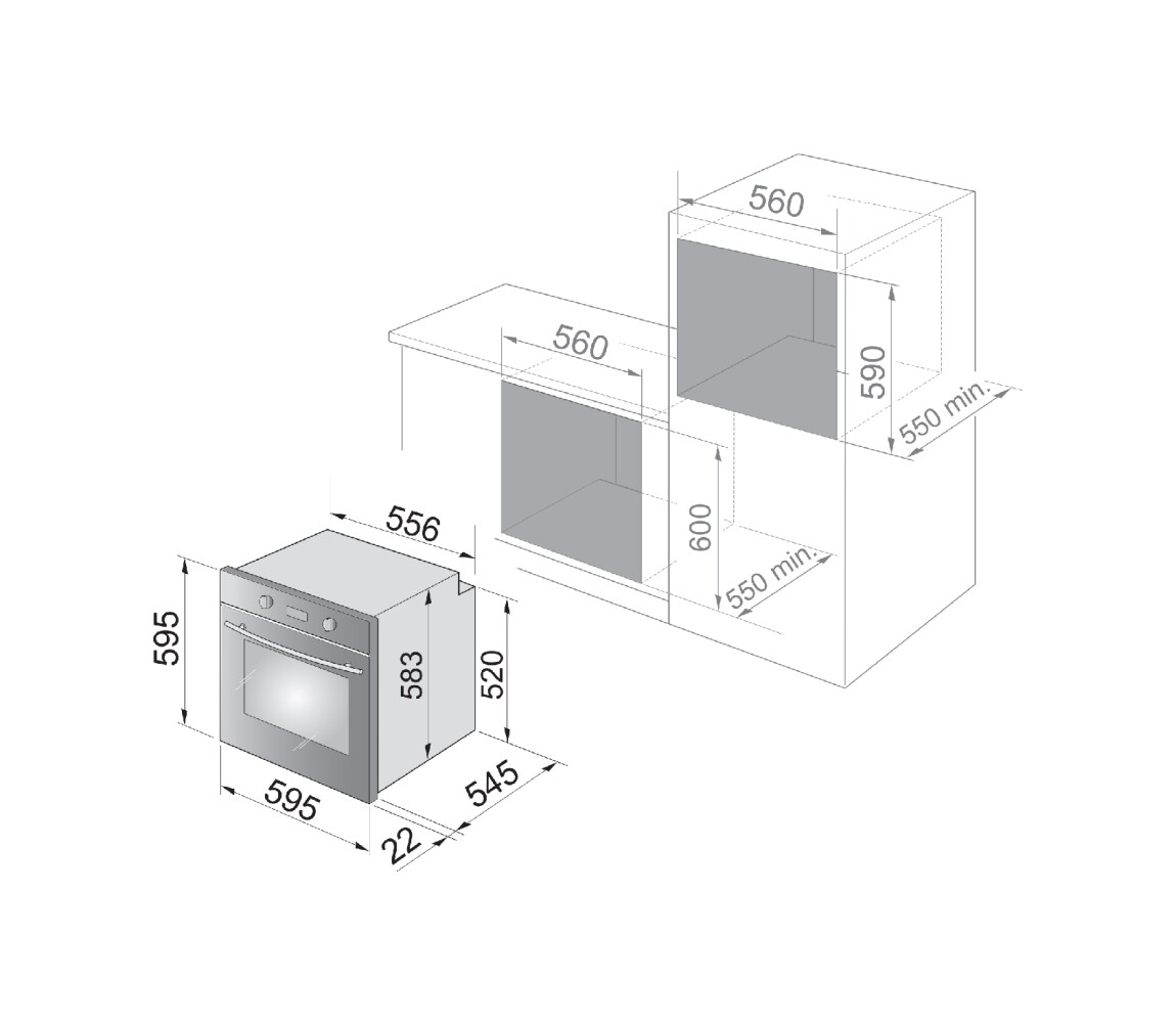 Diagramma con misure di un forno a incasso, che mostra le sue dimensioni e lo spazio di installazione.