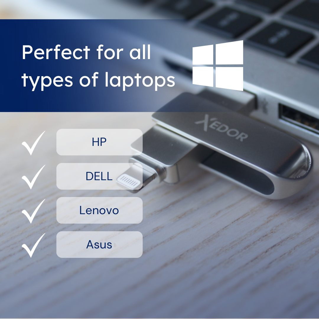 Srebrny pendrive z złączem Lightning i logo Windows, z zaznaczonymi HP, Dell, Lenovo, Asus.