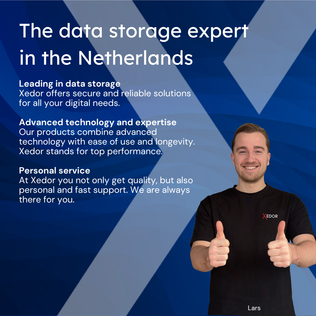 Man giving thumbs up, with text about data storage solutions and the Netherlands.