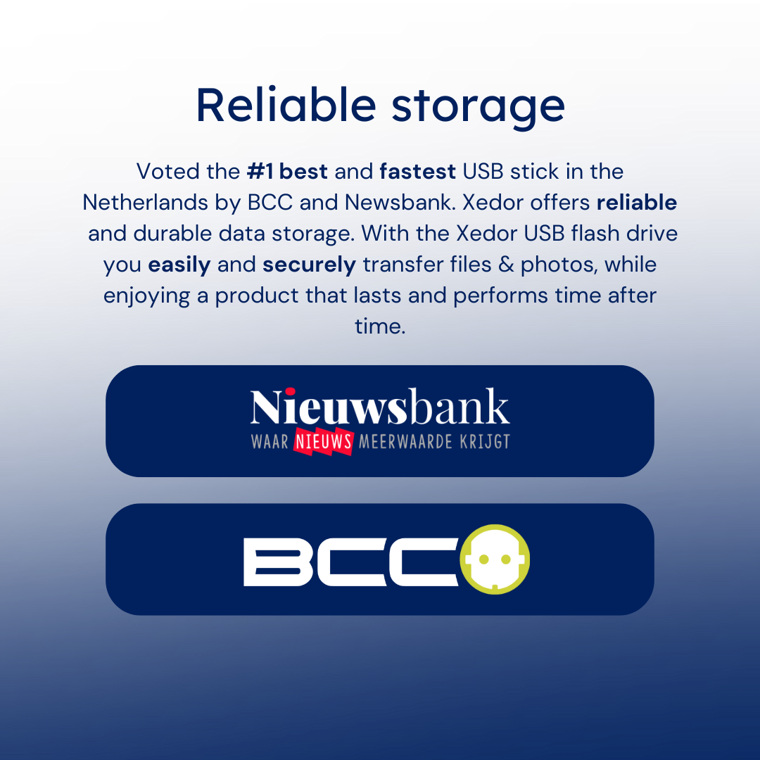 Logos von Nieuwsbank und BCC. Text besagt, dass das Produkt der beste USB-Stick in NL ist.