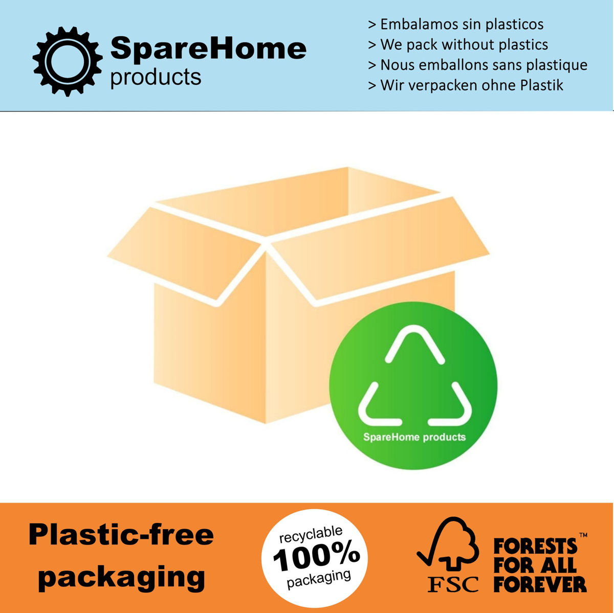 Embalaje con texto: 'SpareHome products', 'Embalaje sin plástico', '100% reciclable'. Fondo blanco.