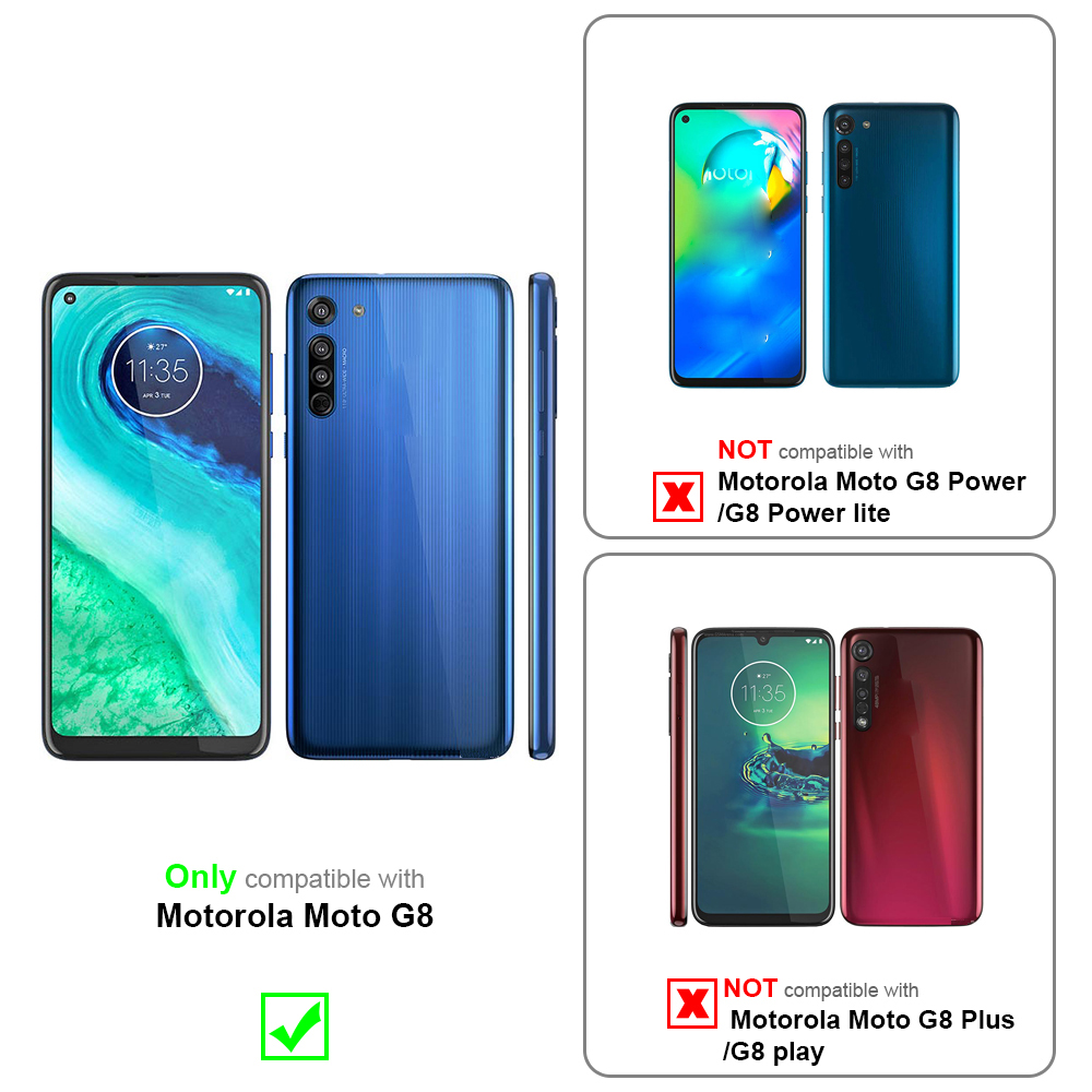 Tre telefoni: uno blu, uno blu, uno rosso. Il testo indica la compatibilità solo con Motorola Moto G8, non G8 Power o Plus.