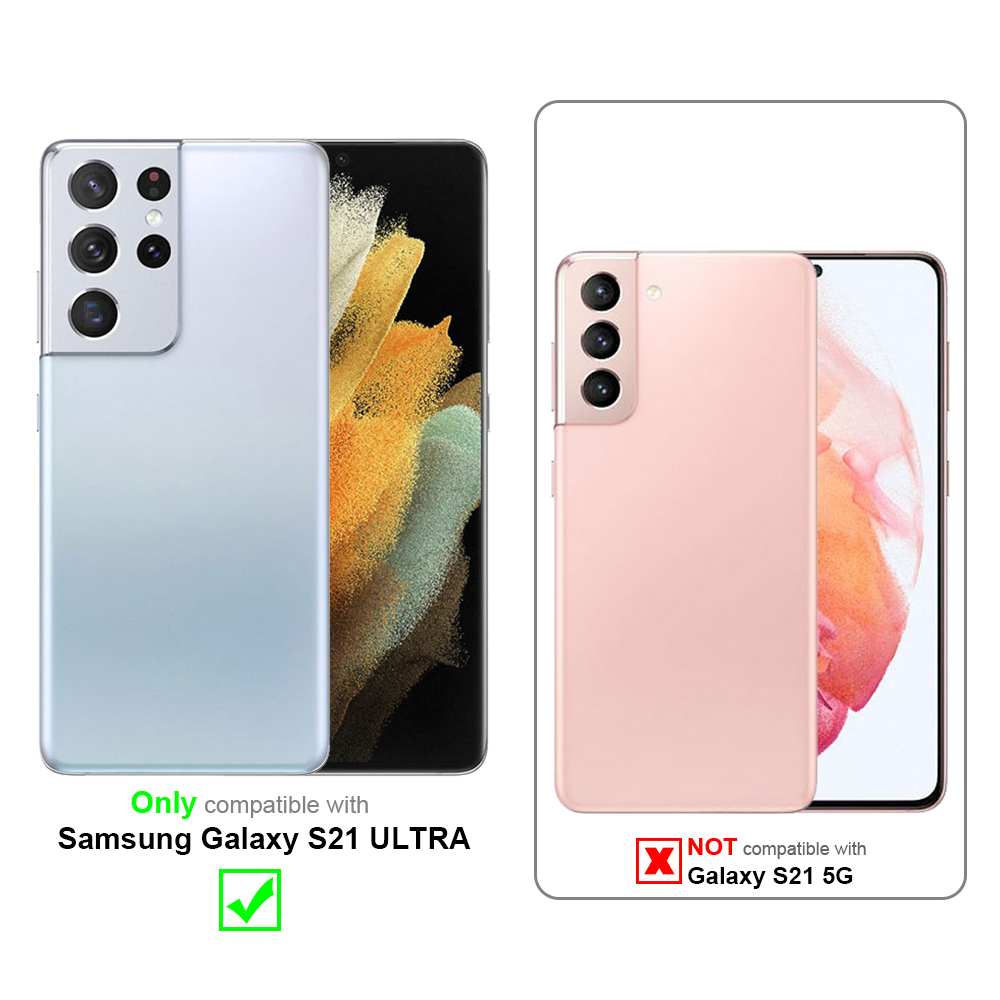 Due telefoni: uno argento, compatibile con Samsung Galaxy S21 Ultra, e uno rosa, incompatibile con Galaxy S21 5G.