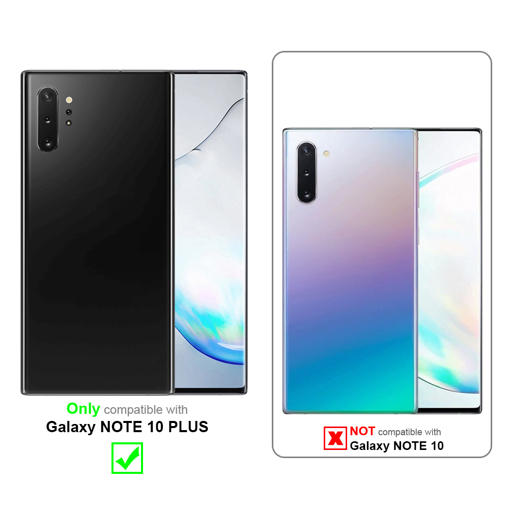 Due telefoni, nero e sfumato, con dettagli di compatibilità. Spunta verde per Galaxy NOTE 10 PLUS.