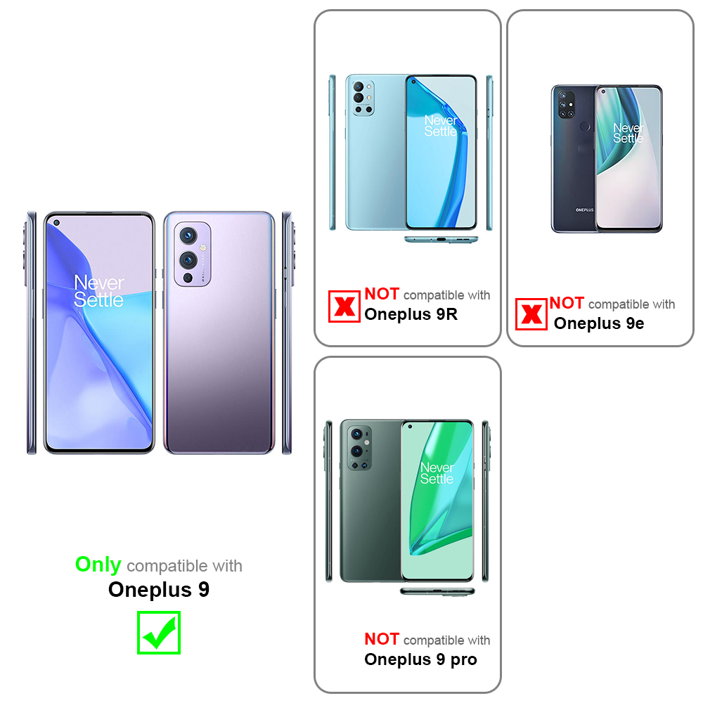 Tre telefoni: viola. Il testo indica la compatibilità con OnePlus 9, non 9R/9 pro/9e.