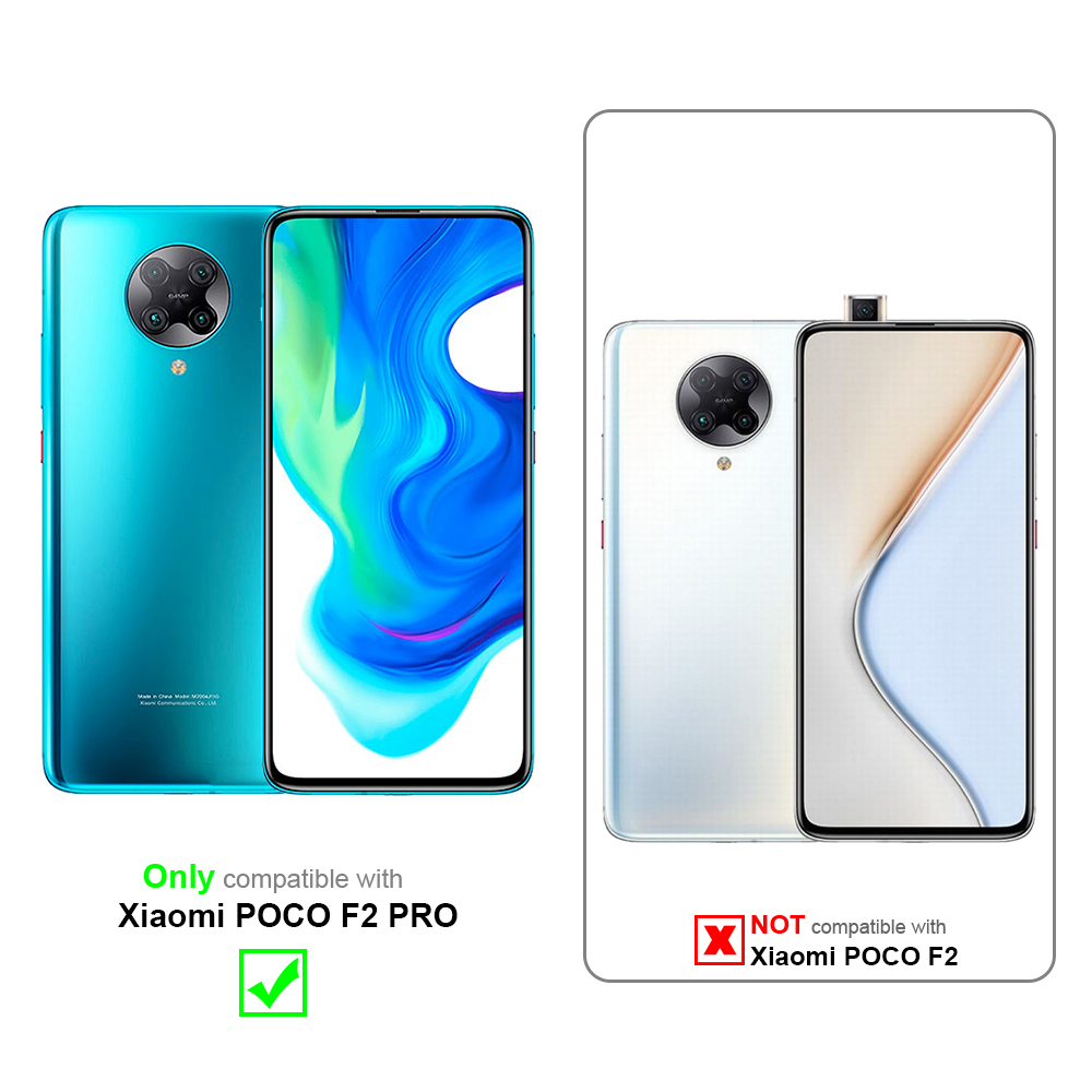 Due telefoni, verde acqua e bianco, con dettagli di compatibilità. Spunta verde per Xiaomi POCO F2 PRO.