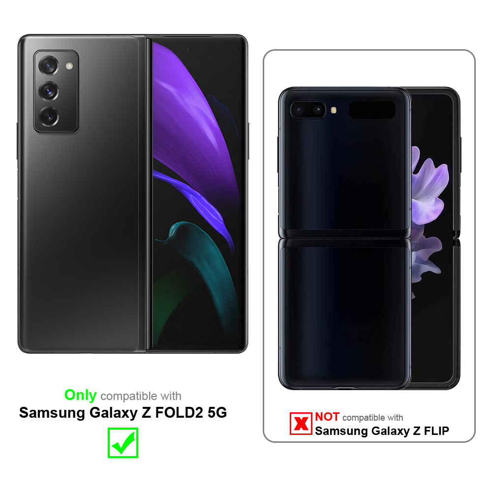 Due telefoni piegati. Uno nero, uno aperto. Testo: Compatibile con Samsung Z FOLD2 5G. Non Z FLIP.