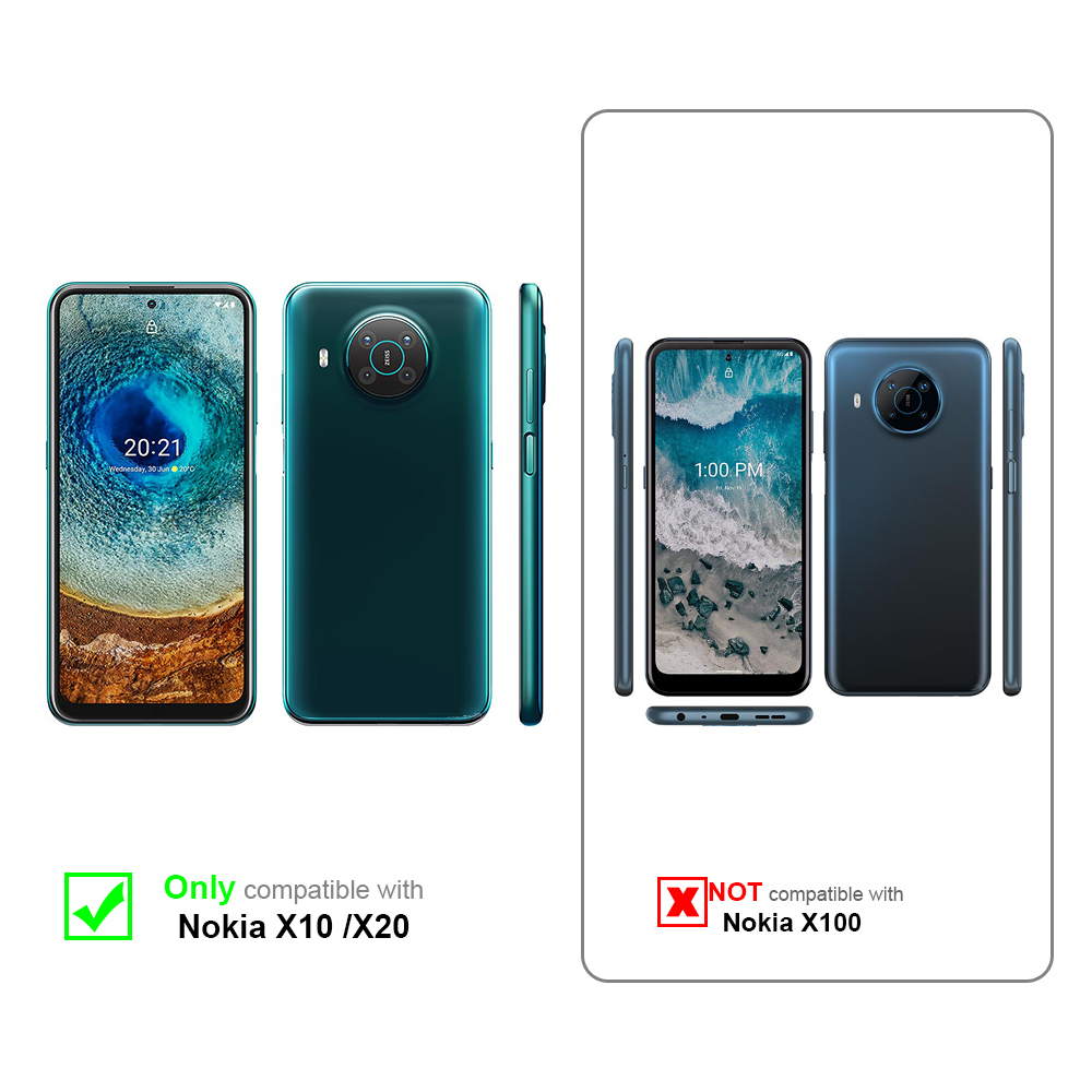 Confronto custodie per Nokia X10 / X20. La custodia compatibile è verde scuro; altre custodie sono incompatibili.