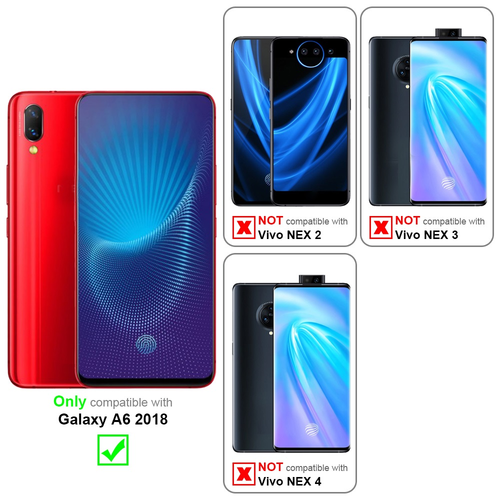 Rotes Telefon mit blauem Bildschirm. Kompatibilitätsinfo für verschiedene Telefone. Häkchen für Galaxy A6 2018.
