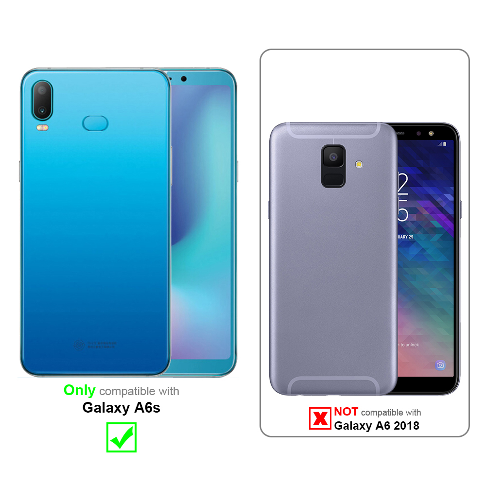 Due telefoni, blu e grigio, uno accanto all'altro. Compatibile solo con Galaxy A6s. Non compatibile con Galaxy A6 2018.