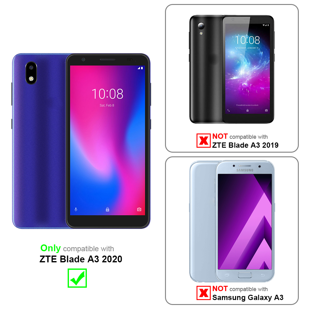 Due telefoni. Uno blu, uno nero. Testo: Compatibile con ZTE Blade A3 2020. Non ZTE Blade A3 2019 o Samsung A3.