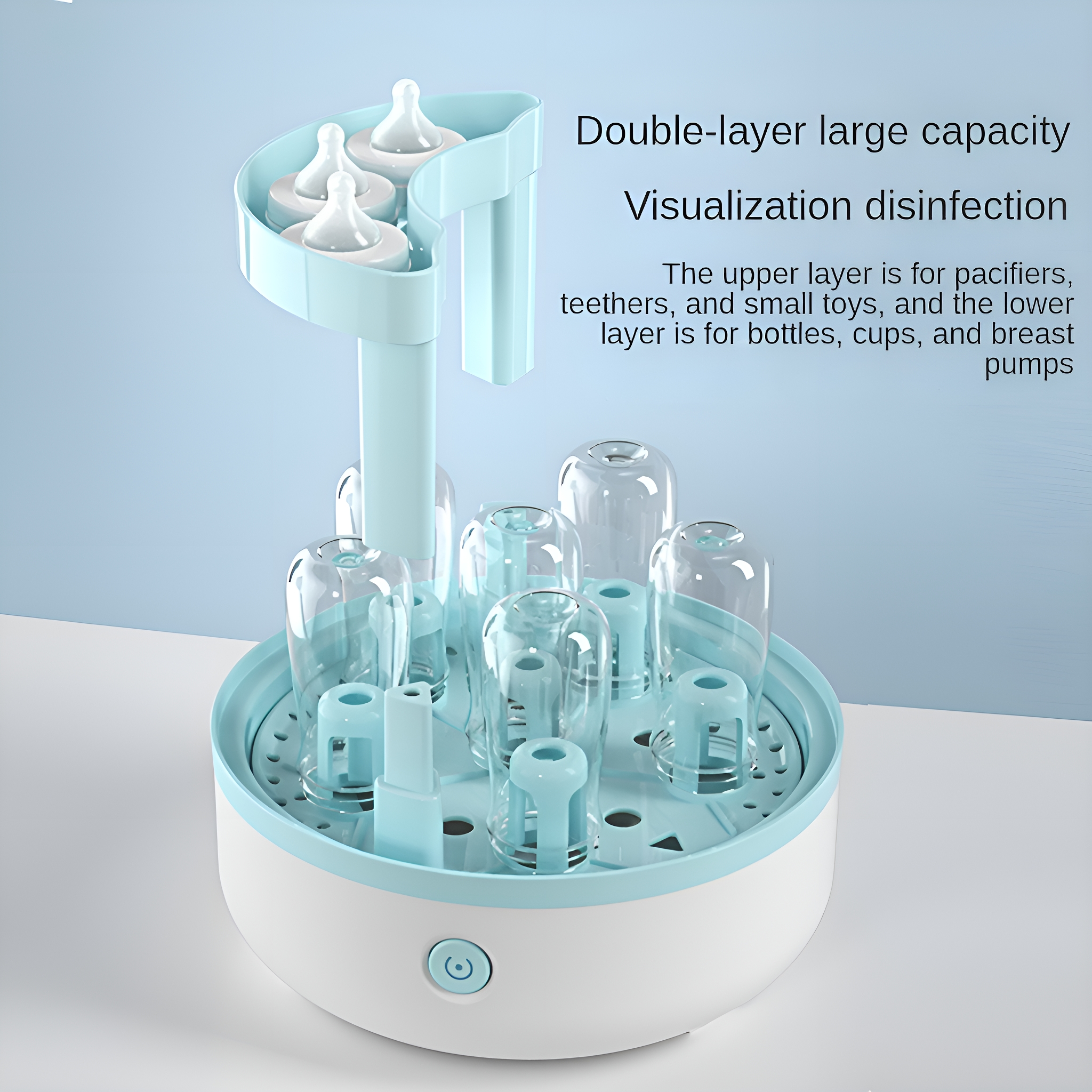 Ein Babyflaschensterilisator mit Flaschen und Zubehör in einem transparenten Behälter.