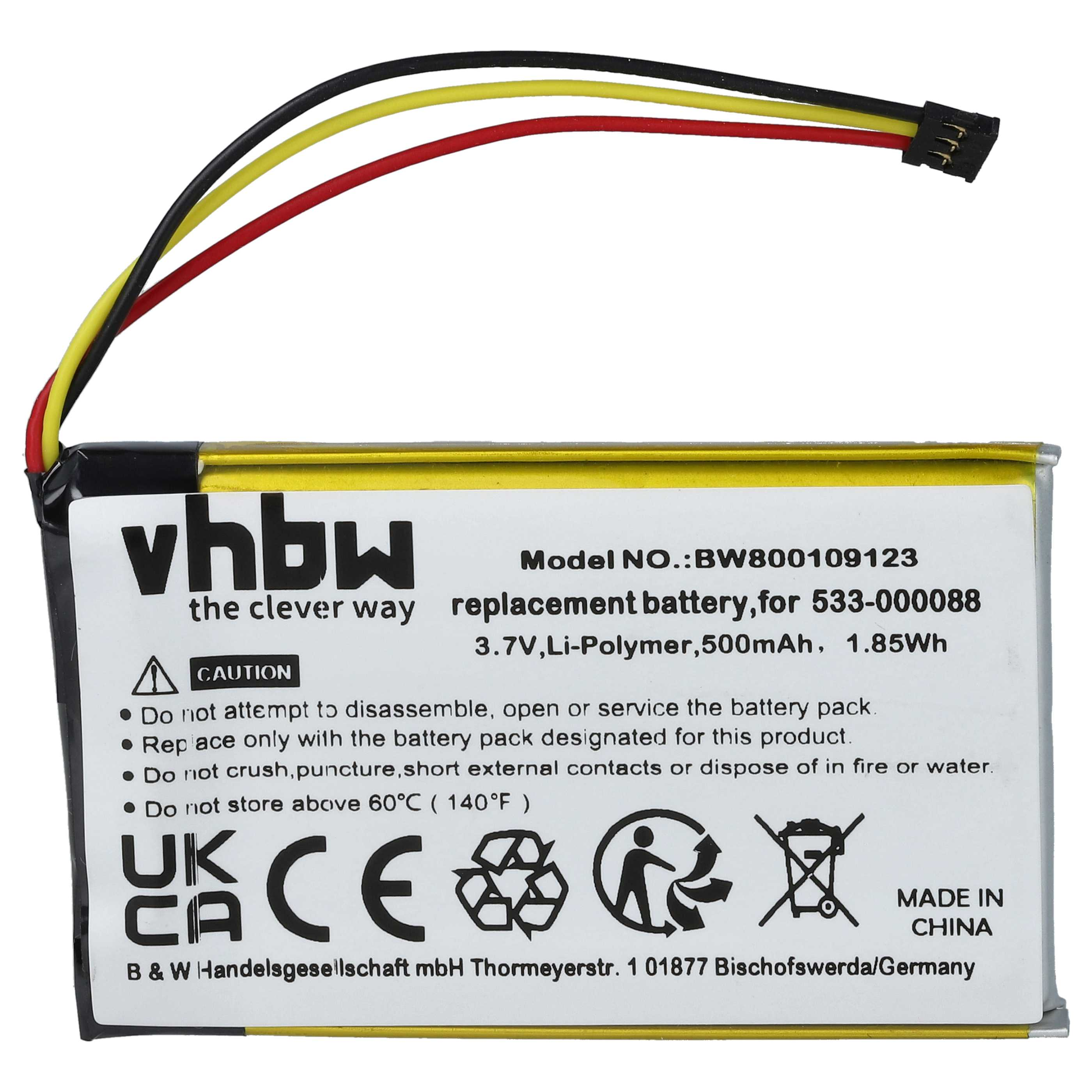 Eine weiße und gelbe Batterie mit schwarzen Drähten und einem Etikett. Das Etikett hat Text in Englisch und Chinesisch.