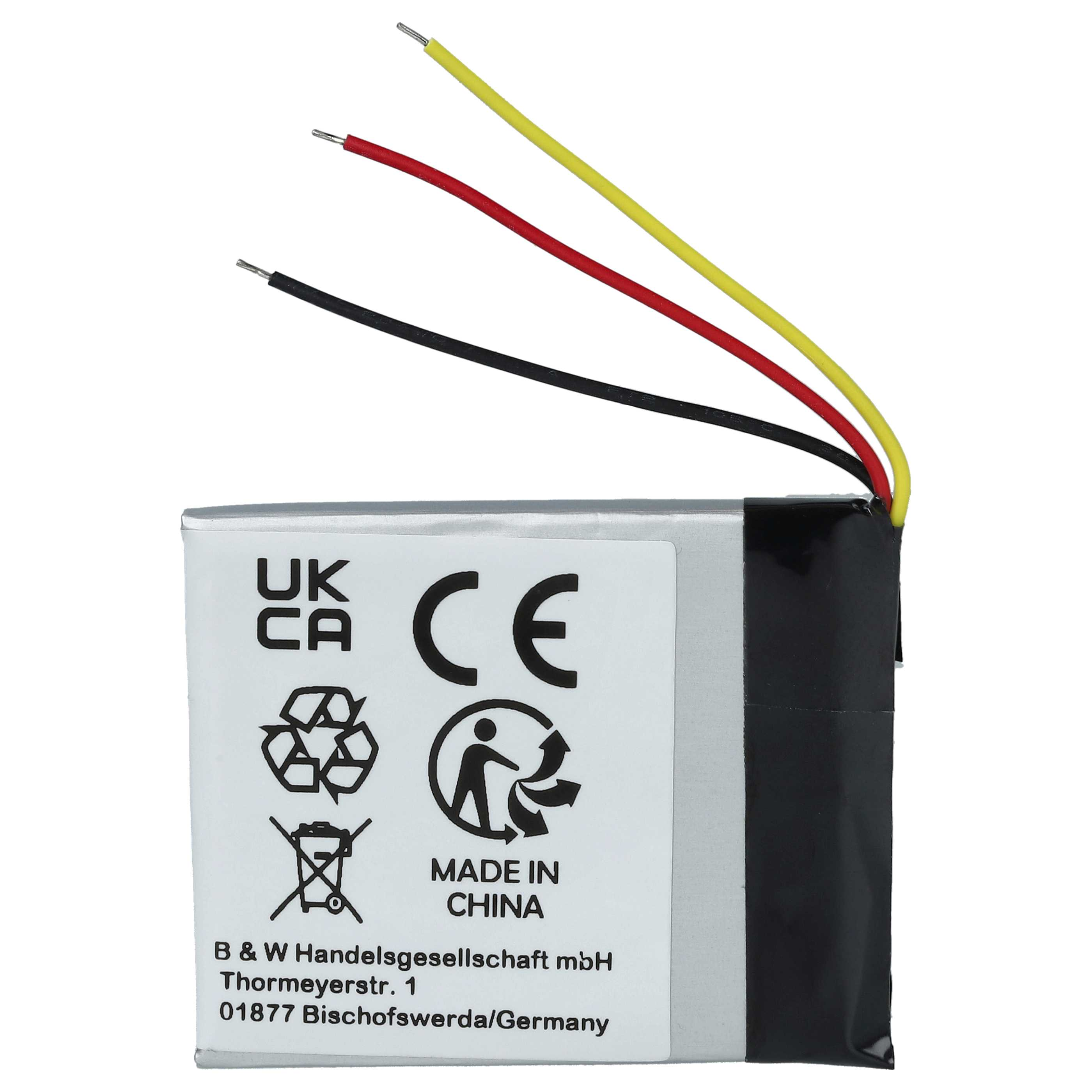 Batterie mit drei Drähten: schwarz, rot und gelb. Die Batterie hat Logos und Text.