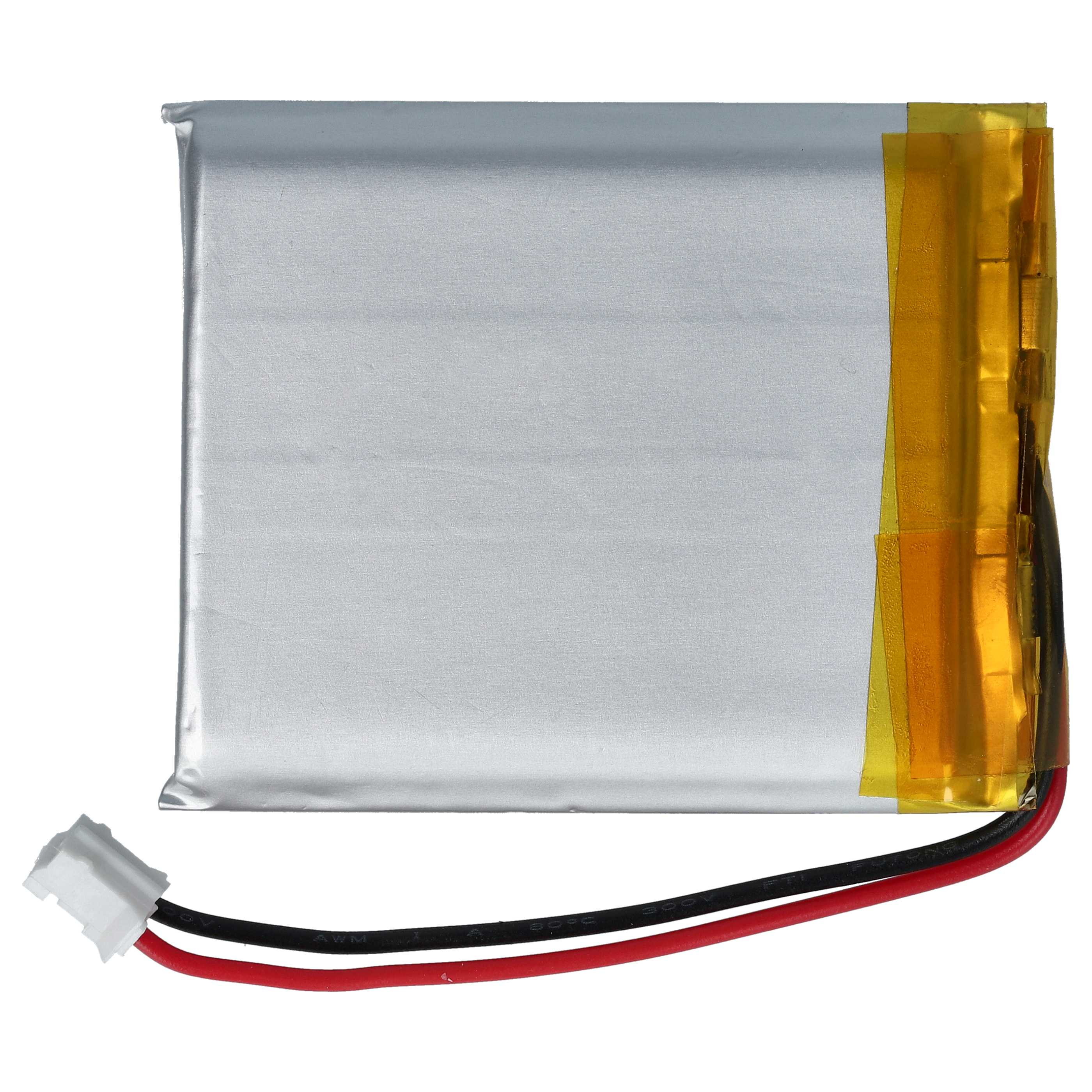 Kleine rechteckige Batterie mit elektrischen Anschlüssen. Schwarze und rote Drähte, gelbes Klebeband.