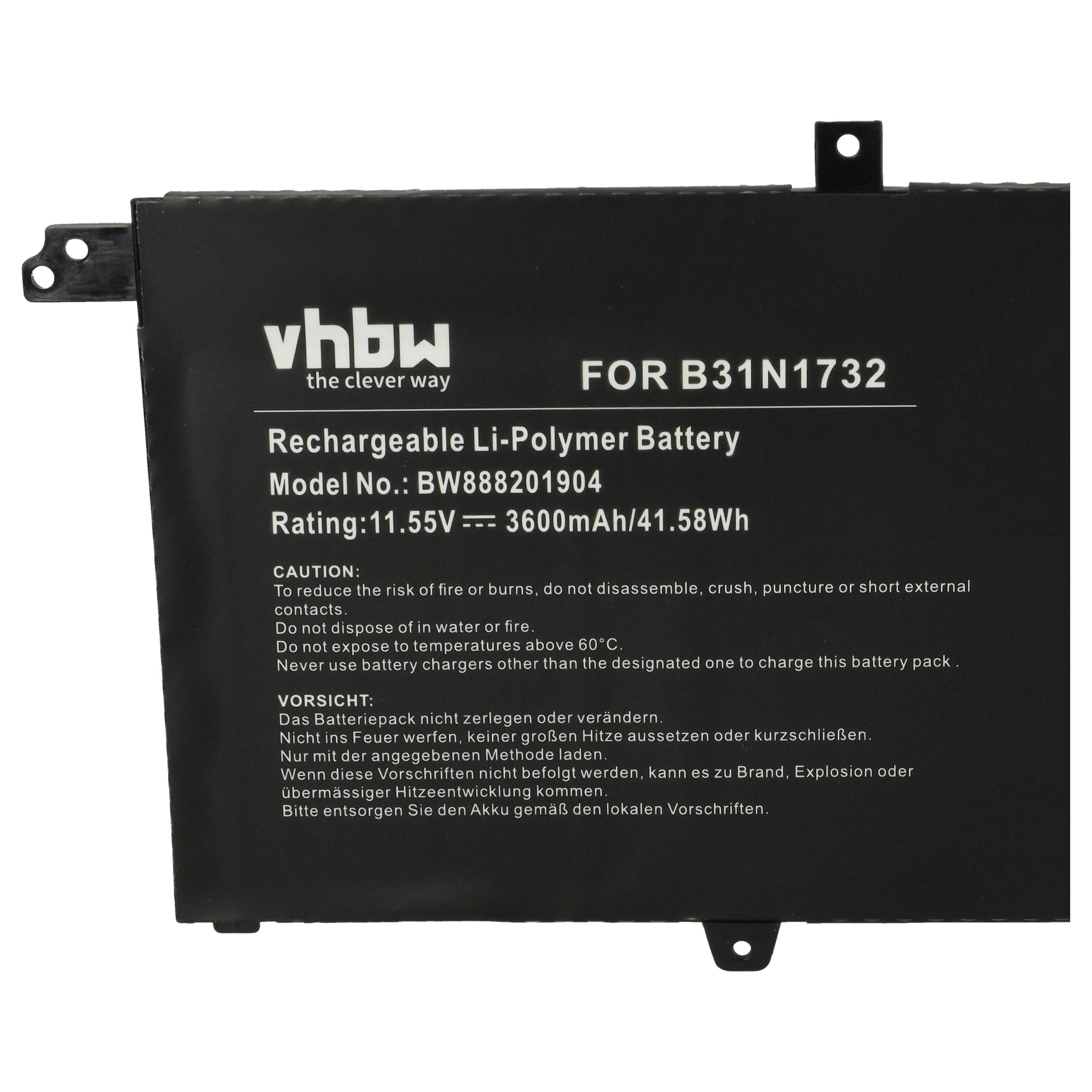 Schwarzer, wiederaufladbarer Li-Polymer-Akku. Text: vhbw the clever way, Modell-Nr.: BW888201904, Nennleistung: 11,55 V == 3600 mAh/41,58 Wh.