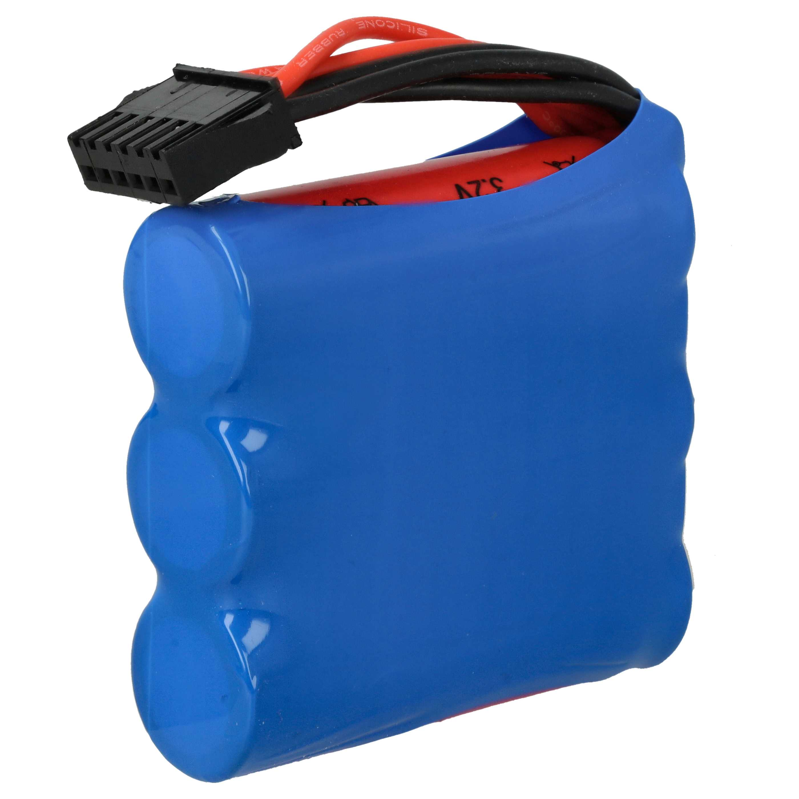 Ein blaues Akkupack mit schwarzen Drähten und Stecker.