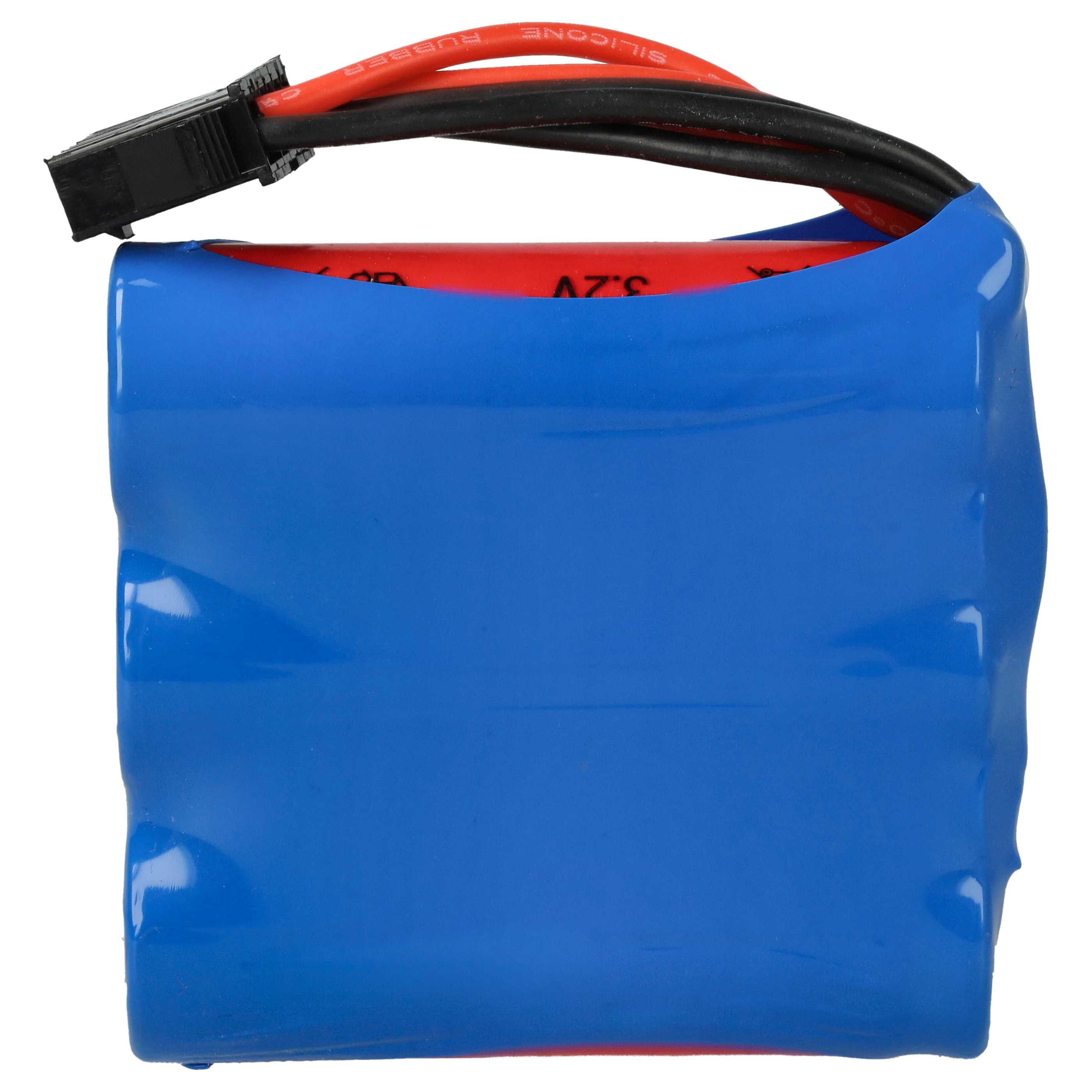 Blau umwickelter Akku mit schwarzem Stecker und roten und schwarzen Drähten.