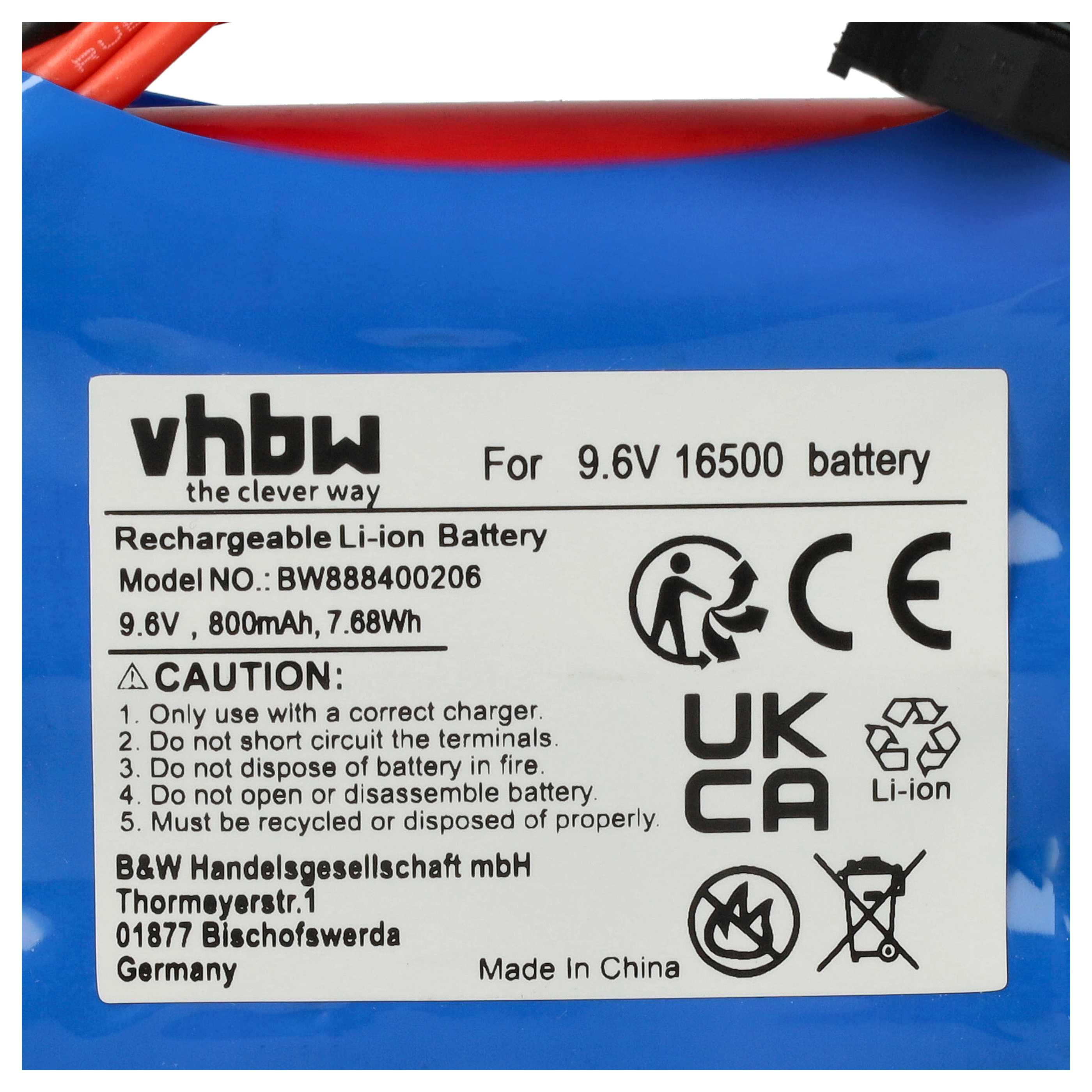 Blaue, wiederaufladbare Li-Ionen-Batterie mit Warnhinweisen. Text ist in Englisch, Deutsch und Französisch.