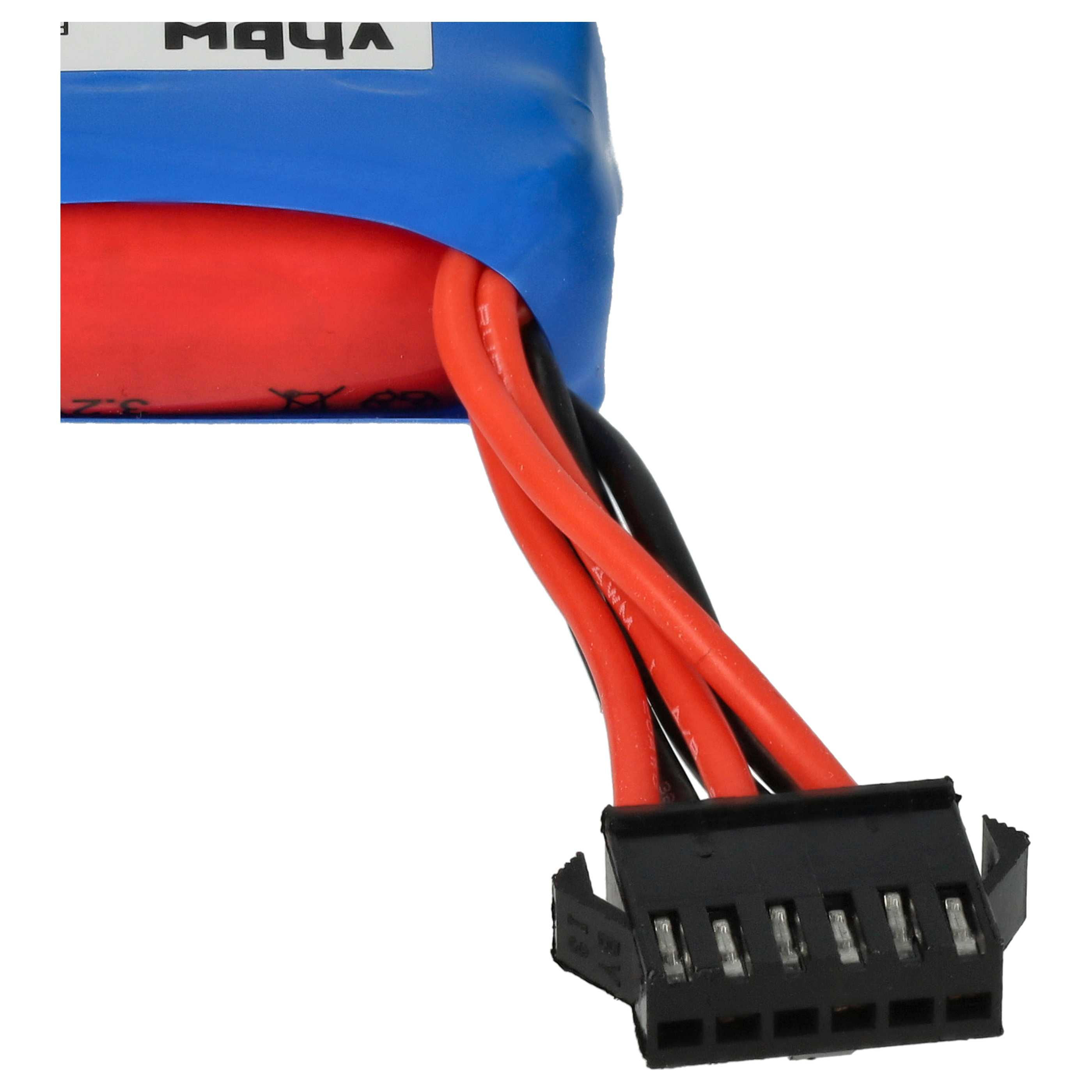 Nahaufnahme einer Batterie mit Kabeln und einem Stecker. Die Batterie ist blau und rot.
